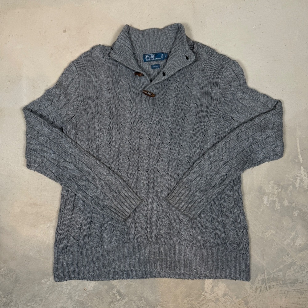 vintage 90s Polo Ralph Lauren 100% Silk Cable Knit Toggle Sweater Grey Large